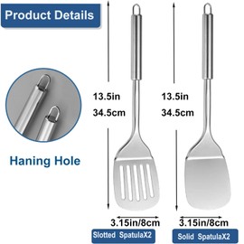 4 Pack Stainless Steel Cooking Spoon Set, Large Metal Spatulas Set with Round Handle,Polished Metal Silver Slotted Solid Turner, Kitchen Heat Resistant Basting Spatulas for Cooking,Fish,Eggs,Pancakes