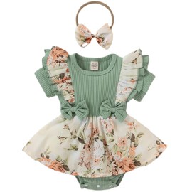 Newborn Baby Girl Romper Dresses Clothes Set Short Sleeve Floral Ruffle Bow Overall Bodysuit Onesie Floral Skirt Hem Outfit (Short Sleeve Green, 3-6 Months)