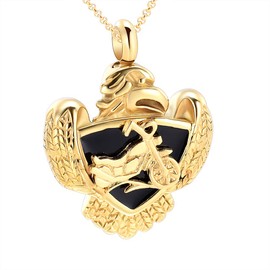 Hearbeingt Cremation Jewelry Urn Necklace for Ashes,Black Enamel Shield Motorcycle Memorial Pendant Stainless Steel Eagle Shape Keepsake Locket for Men(Gold)