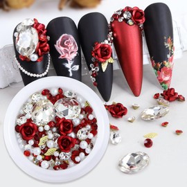 Chunmeng 3D Rose Metal Aluminum Flower Nail Rhinestones Shiny Nail Gems Diamonds Red Rose Nail Art Charms Pearl Nail Jewelry for Acrylic Nails DIY Flower Nail Charms