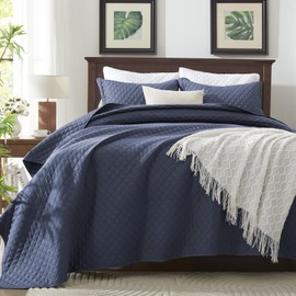 SunStyle Home King Quilt Bedding Set Blue, Lightweight Summer Bedspread Blanket, King Size Quilt, Luxury Durable Quilted Stitching Coverlet with 2 Pillow Shams Diamond in Pattern All Seasons 3pcs