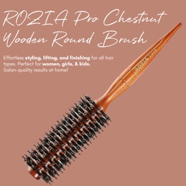 Rozia Pro Chestnut wooden round bristle boar &fiber nylon pin hair brush, for blow drying long curly frizzy hair to smooth straight result with volume for Woman, Girls and Kids (R-DY-943)(Brown)