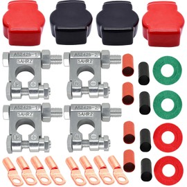 DLronwey Battery Terminal Connectors,Military Spec Positive Negative Heavy Duty Battery Terminals with 8 pcs 2 Gauge 3/8" Copper Lugs,8 Heatshrink,4 Cover and Anti Corrosion Washers