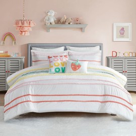 Intelligent Design Kids Full Cotton Comforter Set, Casual Fun Colors Chenille Stripes, All Seasons Fluffy Comforter Bed Set, Shams, Decor Pillows, Haisley, Full/Queen, Pink Multi 5 Piece