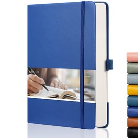 EMSHOI A5 Notebook Dotted Journal - 21.4 x 14.5 cm, 256 Pages, 120gsm Thick Paper, Pen Holder, Back Pocket, Hardback Faux Leather Notepad for Women Men Bullet Journaling - Blue