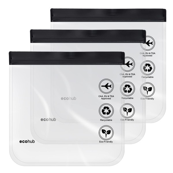 ECOHUB Clear Travel Toiletry Bag 20x20cm Airport Security Approved Liquids Bags 1L Eco Friendly Gifts Waterproof Travel Accessories Makeup Bags Holiday Essentials Luggage for Men Women (3 pcs Black)