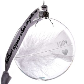 Mum Memorial Bauble and White Display Stand. Glass Round Feather Decoration Handmade Keepsake