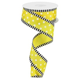 Small Polka Dots & Stripes Wired Edge Ribbon - 10 Yards (Yellow, 1.5 Inch)