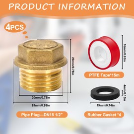 WJMY Brass Blanking Plugs 1/2 Inch Male Thread Blanking Plug Water Pipe with Rubber Ring + Thread Protection Tape, Sealing Plugs for Pipe Connection, Heating and Water Systems, Pack of 4