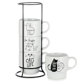 Signature Housewares Cat's Life Stackable Coffee Mugs, 15 oz, Set of 4 with Metal Stand, White glaze with Cat Designs