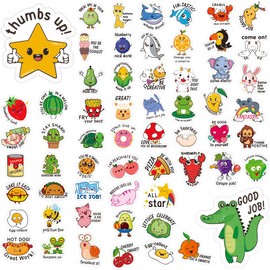Aieino 300pcs Reward Stickers for Children - Funny Sticker Badges with 60 Pun Designs Well Done Animal Star Teacher Labels for School, Classroom, Kids, Students Motivational Supplies