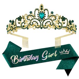 Velscrun Birthday Crown for Girls, Birthday Girl Sash, Birthday Girl Tiara, Green Tiaras for Girls, Birthday Sash for Girls, Birthday Accessories for Girls, Birthday Gifts Decorations for Girls