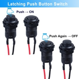 DMWD 12-Pack 12mm Latching Push Button Switch AC 250V/1.5A 120V/3A ON-Off SPST Normal Open 1NO 2Pins with Pre-soldered Wires Small (12pcs Black Self-Locking)