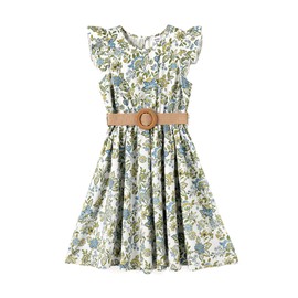 PATPAT Little Big Girls Dress Vintage Boho Floral Ruffle Short Sleeve Casual Swing Dress with Braided Belt, Floral Green, 9-10 Years