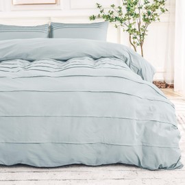 NEXHOME PRO 100% Washed Cotton Duvet Cover Full Size, Pleated Textured Duvet Cover Set Light Blue, 3 Pieces Bedding Set with Zipper Closure, Soft, Lightweight and Breathable (80"x90", No Comforter)