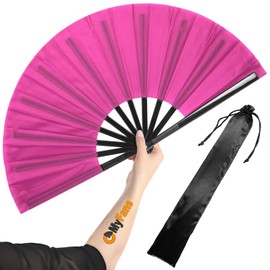OMyFans Large Rave Folding Hand Fan - Foldable Chinese Tai Chi Kung Fu fan - Ideal for Festivals, EDM, Dancing, Hot Flashes, Church and Gifts (Pink)