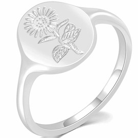Jude Jewelers Stainless Steel Dainty Sun Flower Pattern Signet Style Wedding Promise Statement Anniversary Valentines Ring (Silver, 7)