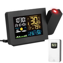 Zorpupoa Projection Alarm Clock, WWVB Atomic Projector Radio Control Clock for Bedroom Ceiling with Weather Station, Snooze, Outdoor Wireless Temperature Humidity Sensor, Dual Alarms, 180° Rotatable