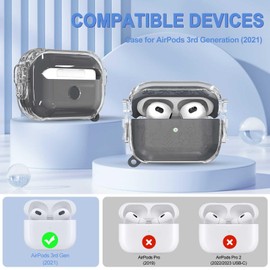 【2 Secure Lock】 Flower Engraved Case for Airpod 3rd Gen, Clear PC Hard Shell+ Soft Silicone Violet Engraved Liner for AirPods 3rd Generation Case with Cleaner Kit&Keychain&Lanyard (Black)