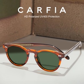 CARFIA Round Sunglasses Men Women Polarised 100% UV Protection Acetate Frame Driving Glasses with Metal Cores Anti-Glare Glasses CA5506, A2 Brownish Black Green Lens, M
