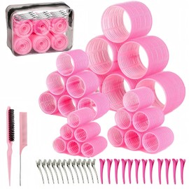 Tubos para Cabello 51 pzs 4 Tamaños 25mm 36mm 48mm 60mm con Clips Incluidos, Rulos Profesionales para Pelo Largo Corto y Flequillo, Incluye 2 Peines y Bolsa de Regalo(Rosa)