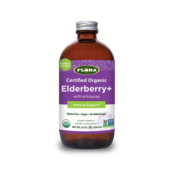 Flora Organic Black Elderberry Syrup + 8.5oz - Immune Booster with Echinacea, for Kids & Adults, No Added Sugar, Gluten Free, Vegan, SambuGuard