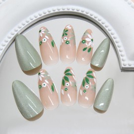 Almond Press on Nails Medium Fake Nails with Designs Flower Glue on Nails Green Acrylic False Nails Reusable Artificial Nails Press ons Glossy Full Cover Stick on Nails for Coquette Women