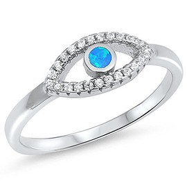 Clear CZ Blue Simulated Opal Evil Eye Ring New .925 Sterling Silver Band Size 8