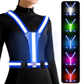 ConKrian LED Reflective Vest Running Gear, 5 Lights Colors, 3 Modes, Adjustable for Running, Cycling, Walking - Led Running Vest for Men, Women, Kids(Blue)