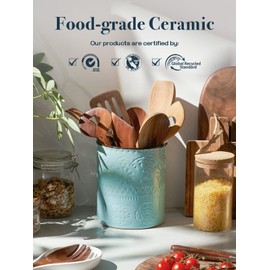 DOWAN 7.2" Kitchen Utensil Holder, Extra Large Farmhouse Utensil Holders for Countertop, Ceramic Utensil Crock, Anti Slip Cork Bottom