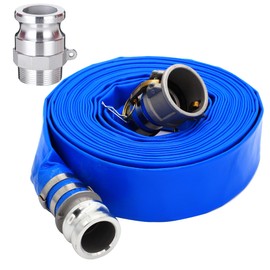 D-WEIXIN 2" ID x 50 ft PVC Lay Flat Discharge Hose with Aluminum Camlock C and E Fittings, Cam Lock Fitting Type F included, Heavy Duty Reinforced Blue Backwash Pump Hoses for Swimming Drain Pools