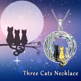 TOUPOP Cat Gifts for Cat Lovers 1/2/3 Cats Necklace Sterling Silver Cat on the Moon Pendant Necklace with Blue Circle Crystal Birthday Anniversary Christmas Celtic Jewelry Gifts for Women, Sterling