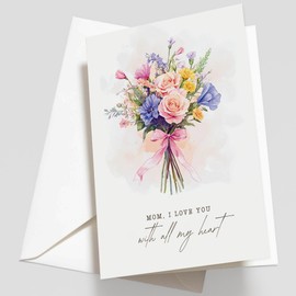 Watercolor Flower Bouquet Mother's Day Card - Mixed Floral Design Happy Mother's Day Card for Mom, 5"x7" Foldable