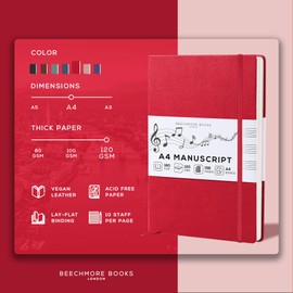 BEECHMORE BOOKS Blank Sheet Music Notebook - A4 156 Thick Pages 8.5 x 11.5 inch, 10-Staff Hardcover Vegan Leather 120gsm Composition Manuscript Paper - Boxed for Gifts Writers, Musicians