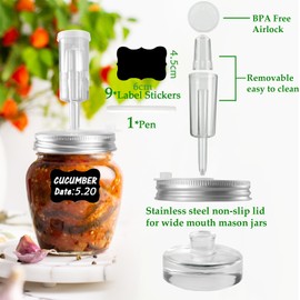 Fermentation Kit for Wide Mouth Mason Fermentation Jar, Fermentation Kit with 4 Glass Fermentation Weights,4 Fermenting Lids,4 Airlocks,5 Silicone Gaskets,6 Silicone Grommets, 9 Stickers（No Jars）