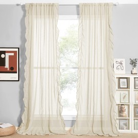 KGORGE Beige Sheer Curtains 108 inches 2 Panels Set, Nature Linen Blend Farmhouse Drapes with Ruffle Trim Privacy Light Glare Backdrop Curtains for Party Stages Living Room Dining, W52 x L108 inches