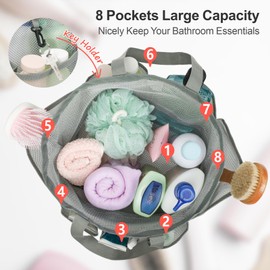 F-color Mesh Shower Caddy Portable with Drawstring - Upgrade Deeper 7 Pockets Dorm Room Essentials for Guys Girls with S Hook, Shower Bag Basket Tote for College Camping Toiletry Bathroom, Grey