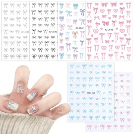 Chisafly Nail Stickers, Ribbon, Nail Stickers, Heart, 3D, Silver, Pink, Blue, Cute, 3D, Transparent, Bowknot, Set of 6