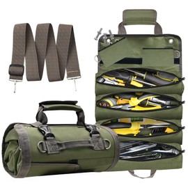 EGOFIX Roll Up Tool Bag, Heavy Duty Tool Roll Bag, Tool Roll Organizer with 2 Detachable Pouches, 900D Waterproof Oxford Cloth, Gifts for Dad, Men/Women, Mechanic, Electricians, Repairman, Green
