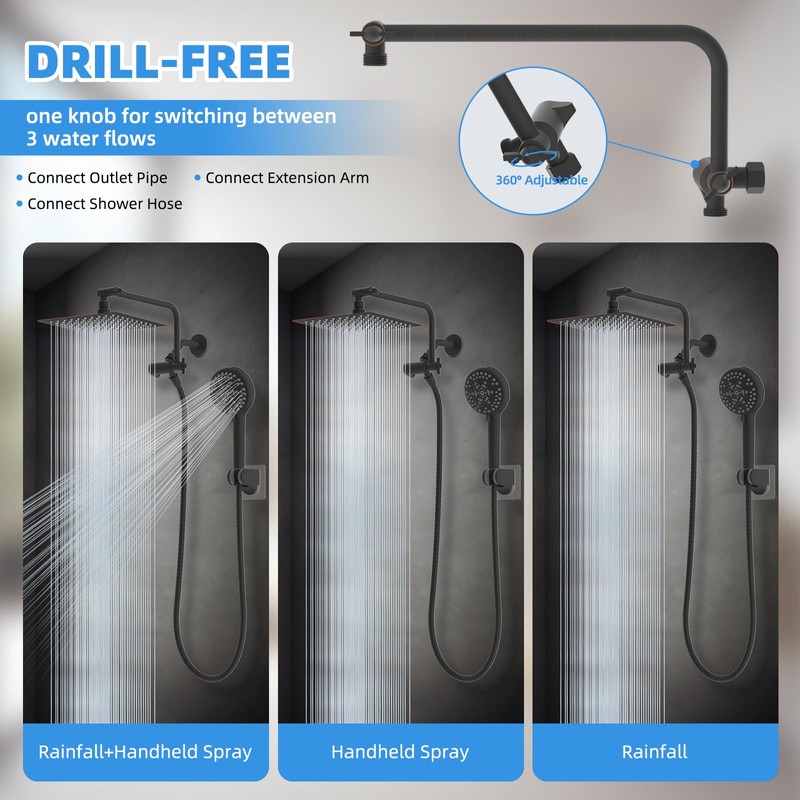 All Metal Shower Head, 8" High Pressure Rainfall/Handheld Shower Combo