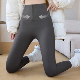 Women's Firm Fit Yoga Leggings with Hip-Up Strap, Zippered Details, Slit Hem, and Brushed Lining Leggings Gray/L
