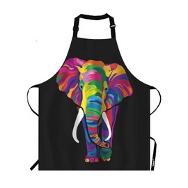 Moslion Colorful Elephant Apron,Rainbow Bright Color African Safari Animal Elephants Black Apron,Adjustable Neck Bib Apron for Men Women,Suitable for Kitchen Cooking Waitress Chef Apron