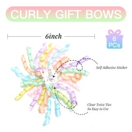 LIZLOVESS 6 Inch Pastel Curly Bows for Gift Wrapping Set of 6, Self Adhesive Bows Pastel Rainbow Gift Bows for Presents, Satin Ribbon Bows for Birthday, Wedding, Christmas, Bridal Shower