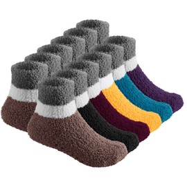 6 Pairs Warm Fuzzy Socks for Kids with Grippers - Non Skid Slipper Socks for Toddlers - Debra Weitzner - - Large