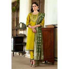 VredeVogel Women's Embroidered Viscose Rayon Kurta with Pant & Banarasi Silk Dupatta Set (Lemon_2X-Large)