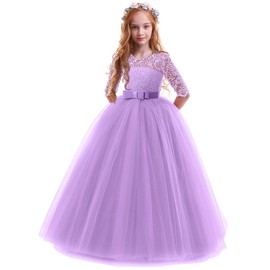 Little Big Girls Vintage Floral Lace 3/4 Sleeves Floor Length Party Fall Evening Formal Bridesmaid Prom Dance Gown Purple 7-8 Years