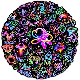 52 Pcs Neon Astronaut Stickers for Kids, Waterproof Space Sticker for Water Bottle, Vinyl Laptop Decals for Teens Girls Boys, Students Adults Sticker Pack