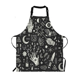 Moslion Witchcraft Apron,Hand Eyes Moon Skull Cat Bat Snake Dagger Mushroom Key Apron,Adjustable Neck Bib Apron for Men Women,Suitable for Kitchen Cooking Waitress Chef Apron