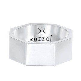 Kuzzoi 0609972220 Men's Ring Band Ring 925 Sterling Silver Wide Silver Ring (9 mm) in Hexagon Design Trend Ring for Men Smooth Polished Ring Size 60 - 66, Sterling Silver