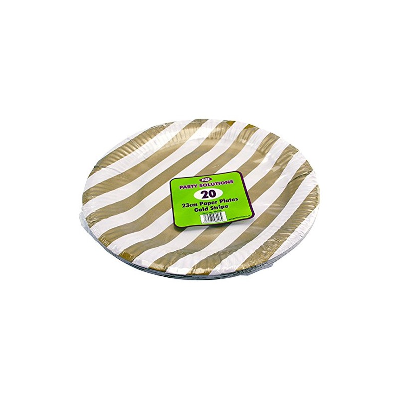 20 x GOLD STRIPED ROUND PAPER PLATES - 23cm/9" inch